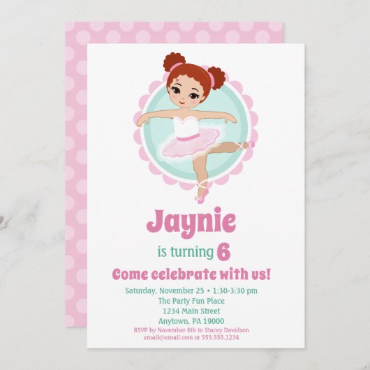 Redhead Ballerina Ballet Dancing Birthday Party Kaart (Voorkant / Achterkant)