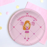 Redhead Cheerleader Girl Cute Kids Birthday Party Papieren Bordje<br><div class="desc">Dit schattige,  aangepaste verjaardagsfeestje bord is voorzien van een tekening van een  roodhoofdcheerleader in een vrolijk uniform die roze poompoms vasthoudt. Pas dit schattige kinderverjaardagdecor aan met de naam van je meisje tussen het leuke hartpatroon.</div>