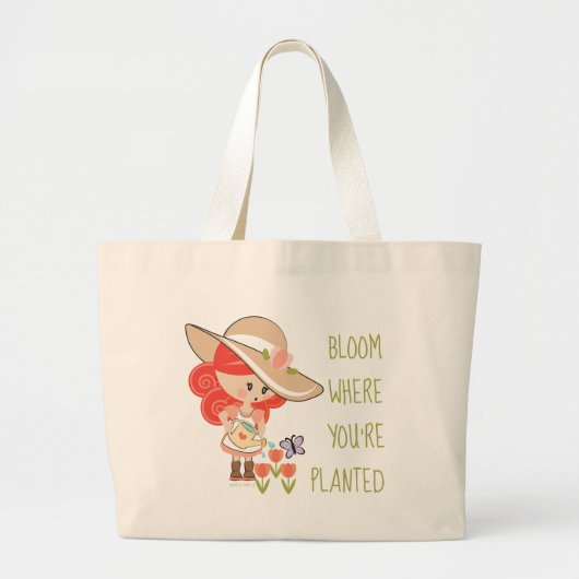 Redhead Gardening Girl Bloom waar je bent geplant Grote Tote Bag (Voorkant)