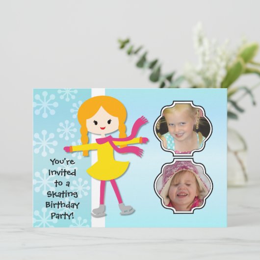 Redhead Girl Birthday Skating Party Invitation Kaart (Staand voorkant)