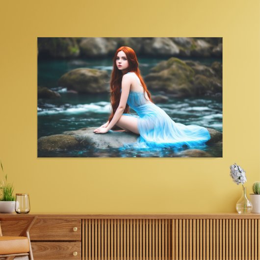 redhead girl dress blue nature water stone canvas afdruk (Insitu (Woonkamer))