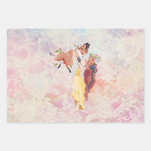 Redhead Girl en Baby Fox Illustratie  Inpakpapier Vel