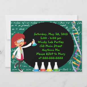 Redhead Girl Mad Scientist Party Invitation Kaart