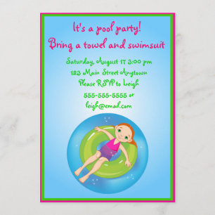 Redhead Girl Pool Party of Birthday Invitation Kaart
