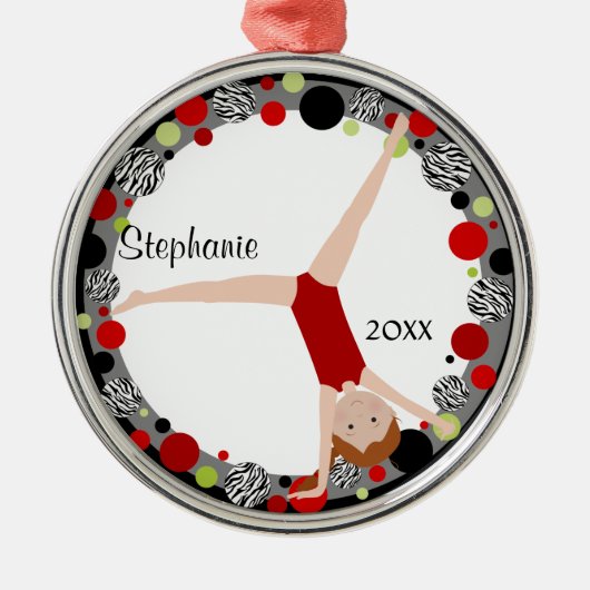 Redhead Gymnast in Red, Black & Green Personalized Metalen Ornament (Voorkant)