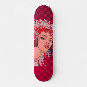 Redhead in Headphones Checkered Skateboard