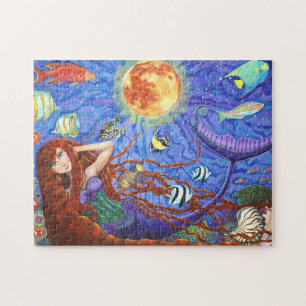 Redhead Mermaid in Corset met maan en vis Legpuzzel