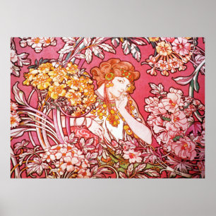 Redhead Onder Flowers, Alphonse Mucha Poster