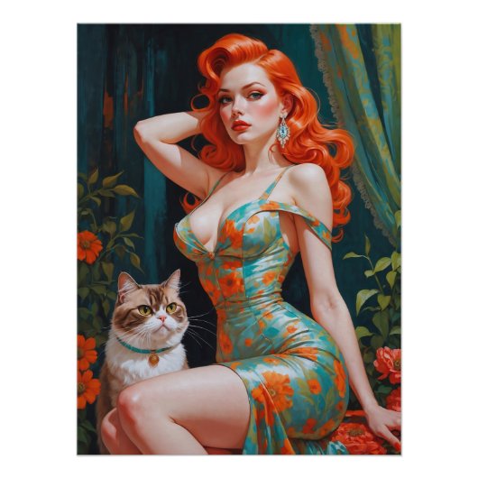 Redhead Pin-Up met Cat Floral Perfect Poster (Voorkant)