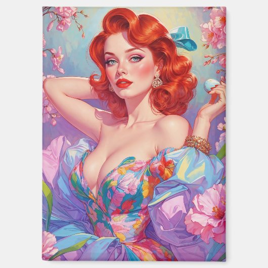 Redhead Pin-Up Met Paaseieren Roze Bloemen Magneet (Voorkant)