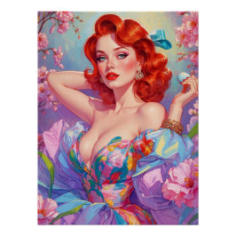 Redhead Pin-Up Met Paaseieren Roze Bloemen Perfect Poster