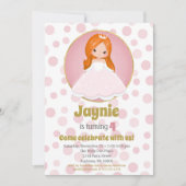 Redhead Pink Princess Girls Birthday Invitation Kaart (Voorkant)
