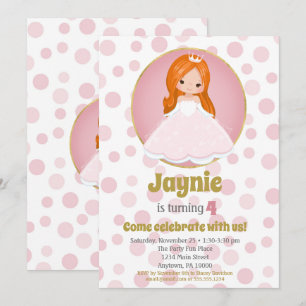 Redhead Pink Princess Girls Birthday Invitation Kaart