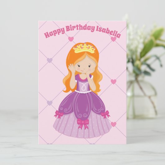  Redhead Princess Girl Custom Birthday Kaart (Staand voorkant)
