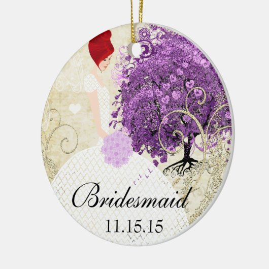 Redhead Radiant Paars Heart Leaf Tree Wedding Keramisch Ornament (Links)