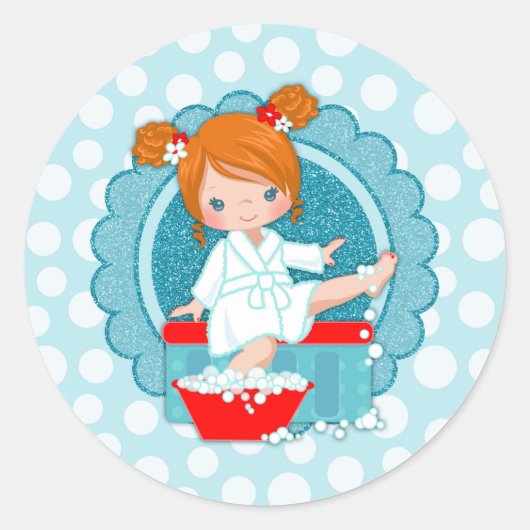 Redhead Spa Girl Bubbles Turquoise Red White Ronde Sticker (Voorkant)