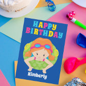 Redhead Swim Girl Custom Pool Party Happy Birthday Kaart