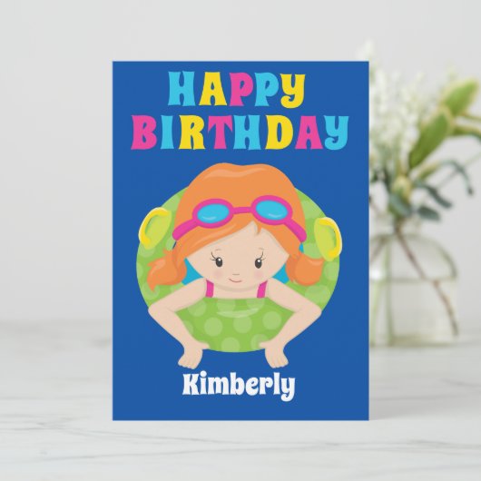 Redhead Swim Girl Custom Pool Party Happy Birthday Kaart (Staand voorkant)