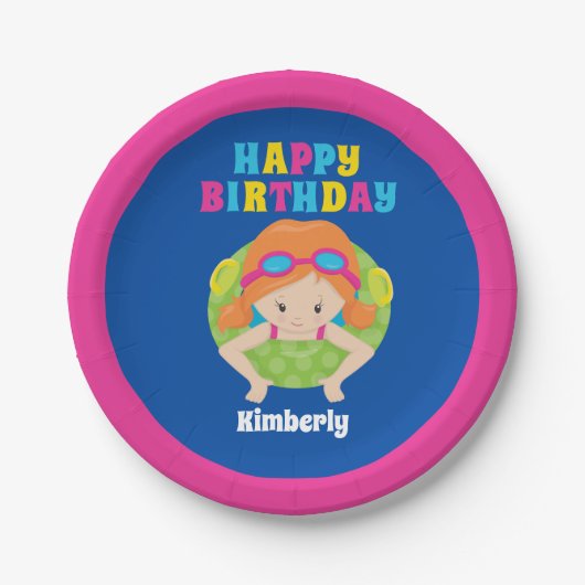 Redhead Swim Girl Custom Pool Party Happy Birthday Papieren Bordje (Voorkant)