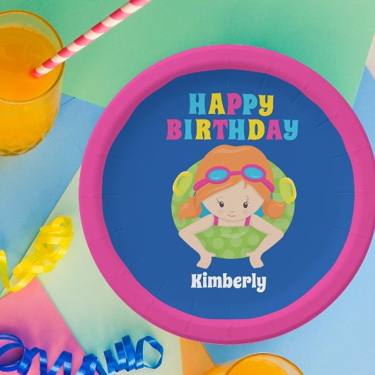 Redhead Swim Girl Custom Pool Party Happy Birthday Papieren Bordje