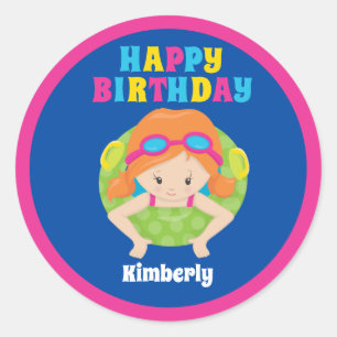 Redhead Swim Girl Custom Pool Party Happy Birthday Ronde Sticker