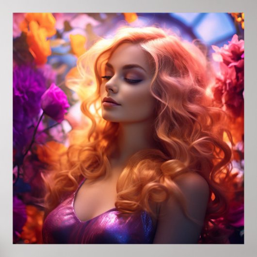 Redhead Vrouw & Bloemen Poster (Voorkant)