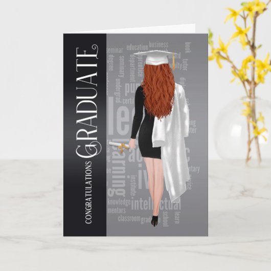 Redhead White Pet en Gown Vrouw Afstuderen Kaart (Gele Bloem)