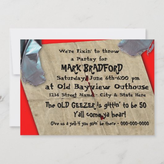REDNECK BIRTHDAY ARTIJ INVITATION - DUCT TAPE KAART (Achterkant)