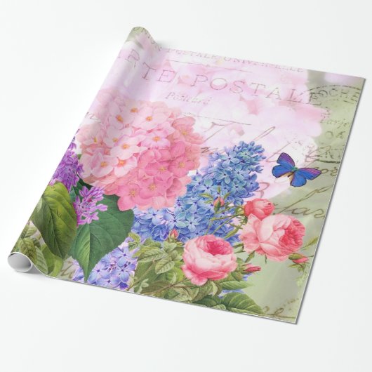 Redoute Flowers Collage Glossy Wrapping Paper Cadeaupapier (Uitgerold)