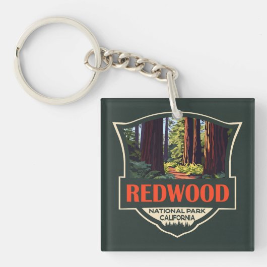 Redwood National Park Illustratie Retro Badge Sleutelhanger (Voorkant)