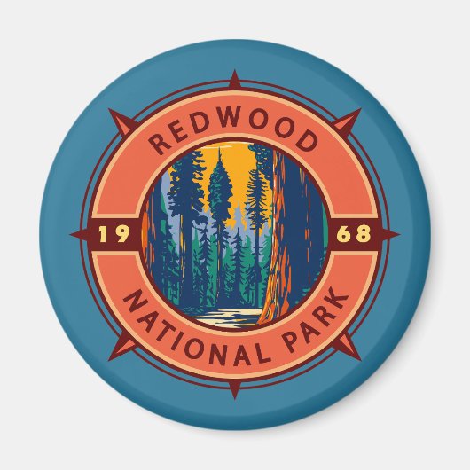 Redwood National Park Retro Compass Emblem Magneet (Voorkant)