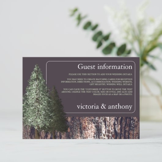 Redwoods & Bark, Rustiek huwelijksdetail Informatiekaartje (Staand voorkant)