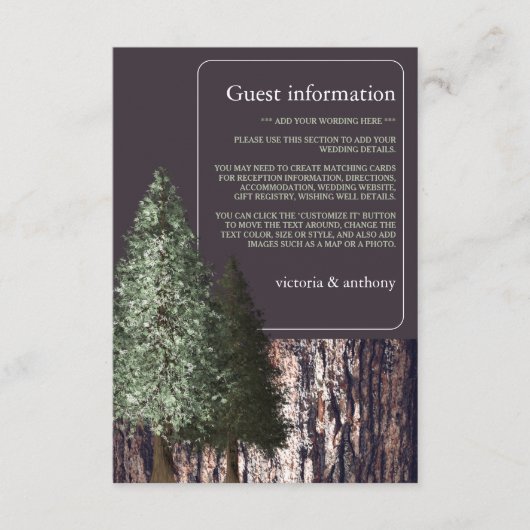 Redwoods & Bark, Rustiek huwelijksdetail Informatiekaartje (Voorkant)
