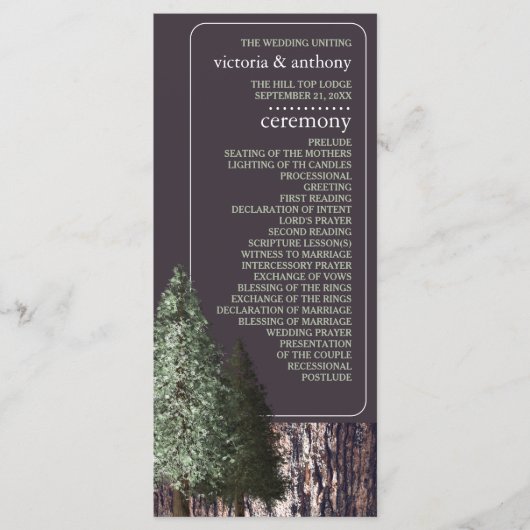 Redwoods & Bark, Rustieke bruiloft Programmakaart (Voorkant)