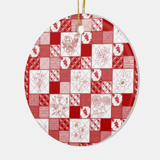 Redwork Stitched Flowers Quilt-RED- Keramisch Ornament (Links)