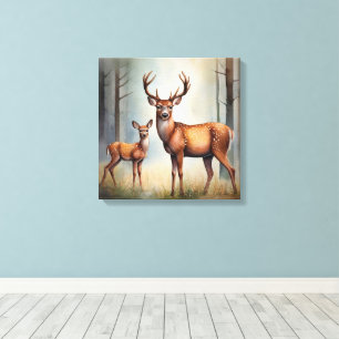 Ree en jong herten in boslandschap licht canvas afdruk