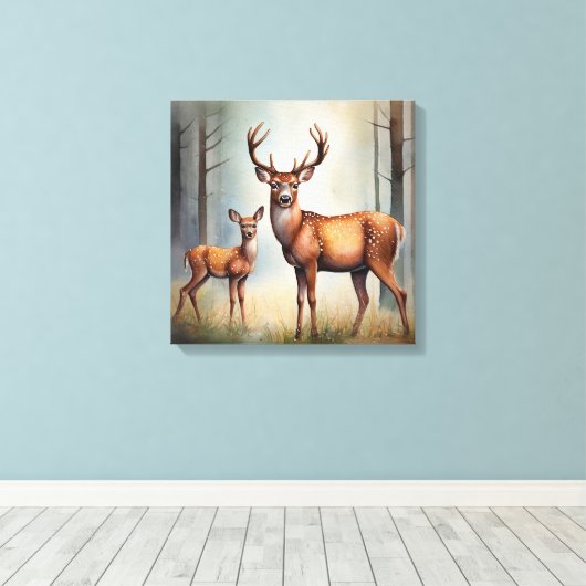 Ree en jong herten in boslandschap licht canvas afdruk (Insitu (Houten vloer))