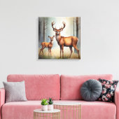 Ree en jong herten in boslandschap licht canvas afdruk (Insitu (Woonkamer))