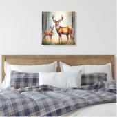 Ree en jong herten in boslandschap licht canvas afdruk (Insitu (Slaapkamer))