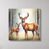 Ree en jong herten in boslandschap licht canvas afdruk (Voorkant)