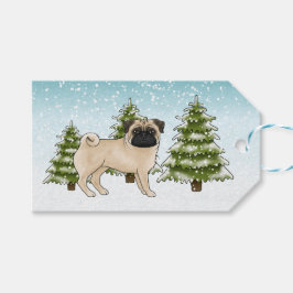 Reebruine Pug Schattige Cartoonhond Besneeuwde Win Cadeaulabel
