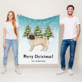 Reebruine Pug Schattige Cartoonhond Besneeuwde Win Fleece Deken