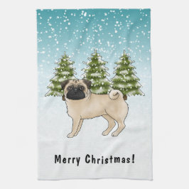 Reebruine Pug Schattige Cartoonhond Besneeuwde Win Theedoek