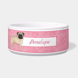 Reebruine Puginfuiving op roze harten met naam Voerbakje