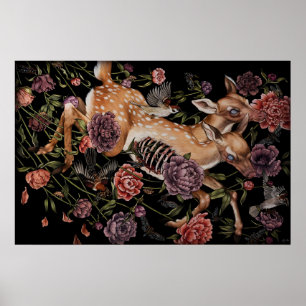 Reeherten met vogels en bloemen gotische botanisch poster