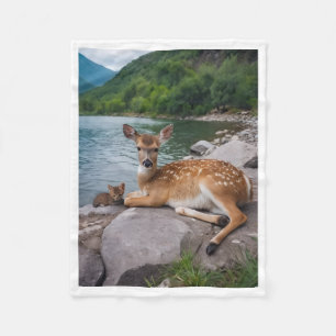 Reekalf en Kat bij Rivier Zachte Fleece Deken