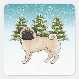 Reekrugpug Cute Cartoonhond Besneeuwd Winterwoud Vierkante Sticker