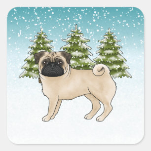 Reekrugpug Cute Cartoonhond Besneeuwd Winterwoud Vierkante Sticker