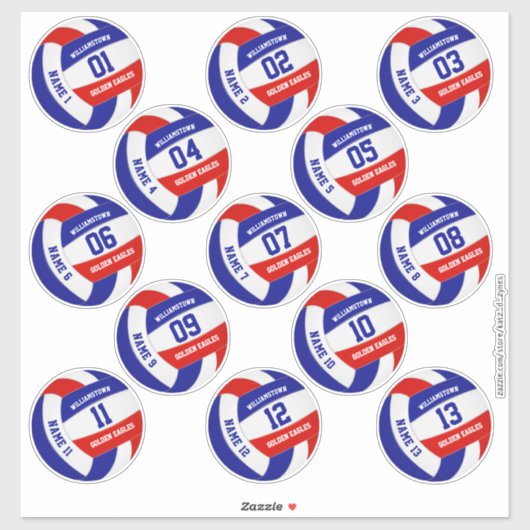 Reeks 13 rode witte blauwe teamkleuren volleyball sticker (Vel)