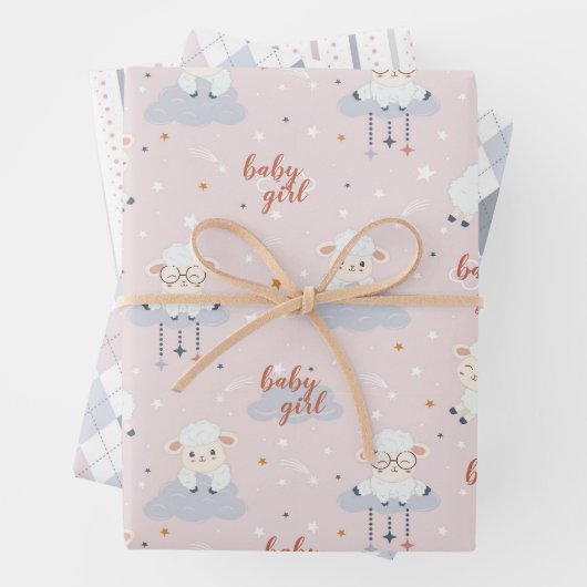 Reeks 3-Baby lammeren, Argyle, Stripes Roze grijs  Inpakpapier Vel (In situ)